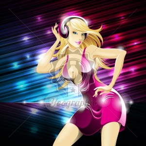 Vector party illustration about a beautiful sexy woman on a music and disco theme.