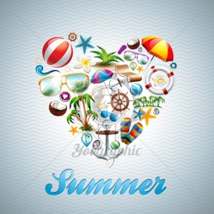 Vector Love Heart Summer Holiday design set on wave background.