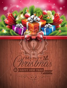 Engraved Merry Christmas and Happy New Year typographic design with holiday elements on wood texture background.