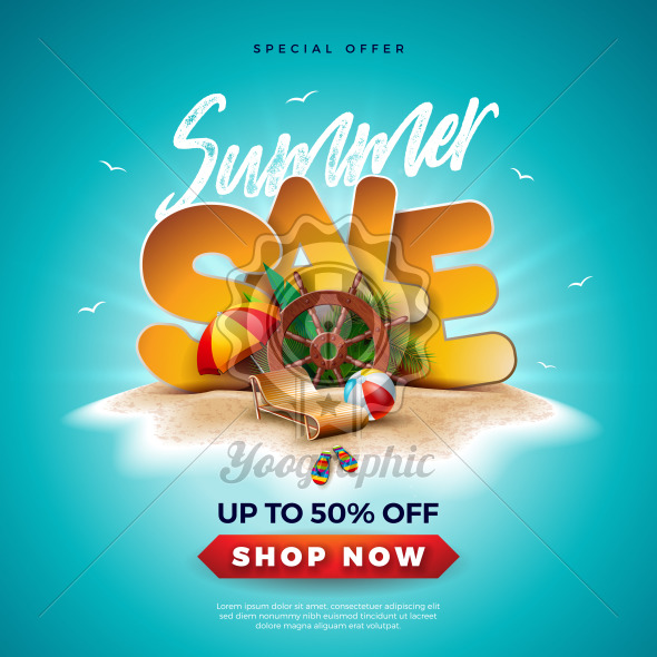 Summer Sale Design with Ship Steering Wheel and Exotic Palm Leaves on Tropical Island Background. Vector Special Offer Illustration with Holiday Elements for Coupon, Voucher, Banner, Flyer, Promotional Poster, Invitation or greeting card. - Royalty Free Vector Illustration
