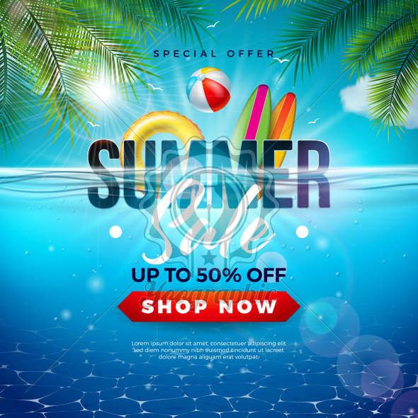 Summer Sale Design with Beach Holiday Elements and Exotic Leaves on Underwater Blue Ocean Background. Tropical Floral Vector Illustration with Special Offer Typography for Coupon, Voucher, Banner, Flyer, Promotional Poster, Invitation or greeting card. - Royalty Free Vector Illustration