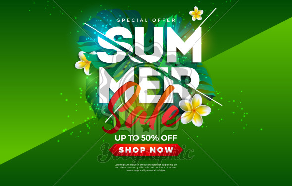 Summer Sale Design with Flower and Exotic Palm Leaves on Green Background. Tropical Vector Special Offer Illustration with Typography Letter for Coupon, Voucher, Banner, Flyer, Promotional Poster, Invitation or greeting card. - Royalty Free Vector Illustration