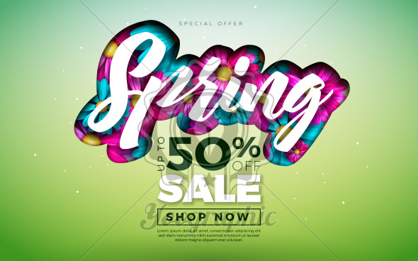 Spring Sale Design Template with Colorful Flowers and Typography Letter on Green Background. Vector Special Offer Illustration for Coupon, Banner, Voucher or Promotional Poster. - Royalty Free Vector Illustration