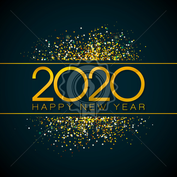 2020 Happy New Year illustration with gold number and falling confetti on black background. Vector Holiday design for flyer, greeting card, banner, celebration poster, party invitation or calendar. - Royalty Free Vector Illustration