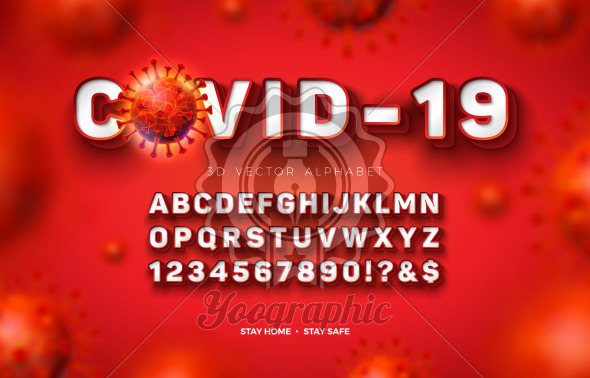 Vector 3d Alphabet Font with Frame and Shadow for Covid-19 Virus Outbreak on Red Background. Modern Coronavirus Typeface Design Collection with Layered Separated ABC, Number and Special Characters.. - Royalty Free Vector Illustration