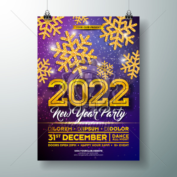 2022 New Year Party Celebration Poster Template Illustration with Gold Glittered Snowflake on Shiny Colorful Background. Vector Xmas Holiday Season Premium Party Invitation Flyer Design, Celebration Poster or Promo Banner. - Royalty Free Vector Illustration