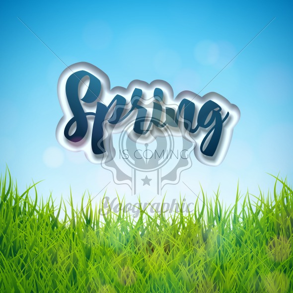 Spring design with nature landscapeon background. Vector floral design template with typography letter. - Royalty Free Vector Illustration